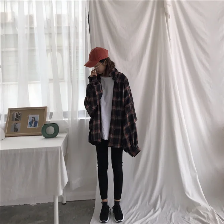 Harajuku Outono Xadrez Seção Fina lã Cardigan Coreano Puff Manga Magro Camisa Quente Jaqueta Retro Casual Feminino Botão Superior 2019 16 Blusas e Camisas