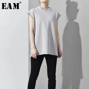 

[EAM] 2020 New Spring Summer Stand Collar Sleeveless Gray Burr Loose Brief Temperament T-shirt Women Fashion Tide JW5240
