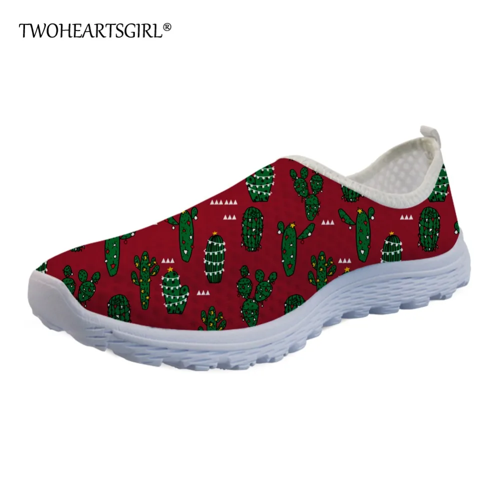 Twoheartsgirl Christmas Cactus Print Mesh Shoes for Women Breathable Summer Mesh Sneakers Personalized Ladies Cute Flats Shoes