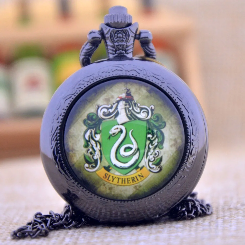 

Harry Potter Slytherin School Snake Black/Bronze/Silver Glass Dome Gemstone Pendant Quartz Pocket Watch Necklace Men Women Gift