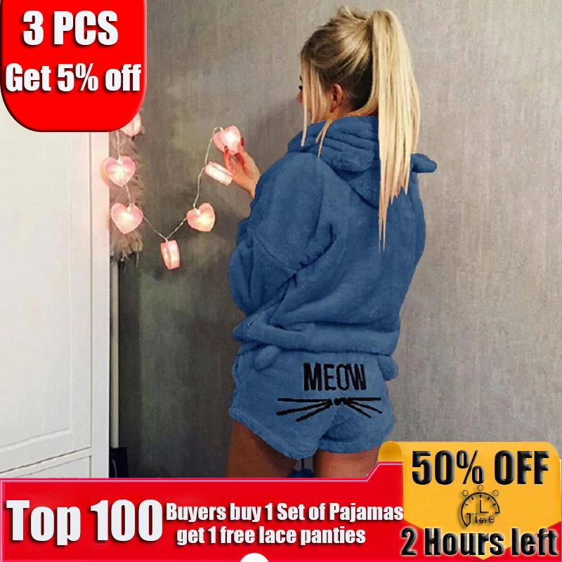 

2019 Newest Women Hooded Pajamas Sets Winter Flannel Cartoon Warm Pyjamas Women Cute Sleepwear Homewear Cute Cat female pajama