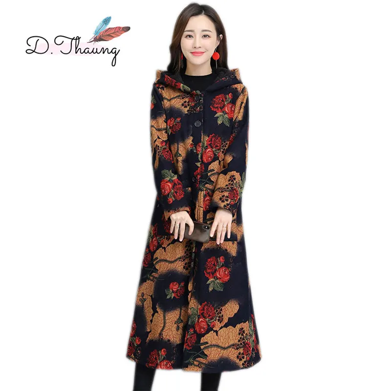 Autumn Winter Women Outerwear 2019 New Retro Printing Large Size Female Trench Thick Hooded Single-Breasted Ladies Cw613 | Женская