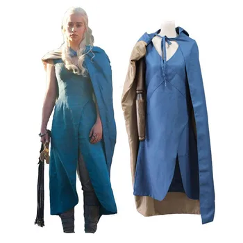 

EU Size Game of Thrones Daenerys Targaryen Costume Mother of Dragons Blue Dress with Cape A Song Of Ice and Fire Movie Cosplay