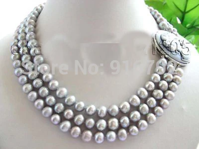 

YH@CS >>>3rows Natural 9mm Round Gray Pearl Necklace Cameo