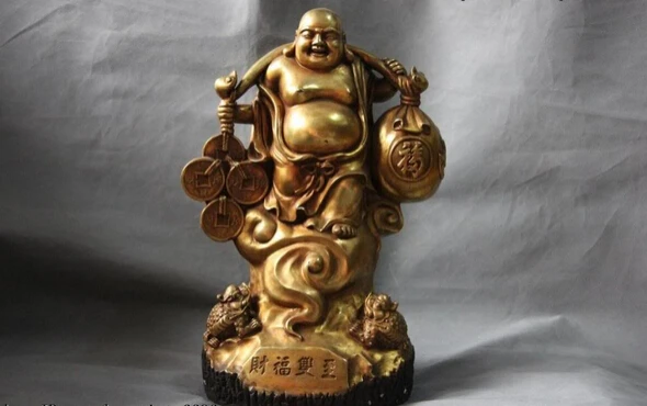 

song voge gem S1341 Copper Bronze Gild Lucky Wealth Coin Two Toad Maitreya arhat monk Buddha Statue