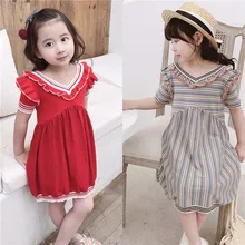 Летнее платье для девочек, новинка года, дизайнерская одежда для маленьких девочек, двухцветное вязаное платье с v-образным вырезом, Повседневные детские милые платья с короткими рукавами