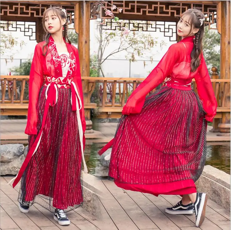 Азиатский Китай Япония Корея Таиланд Вьетнам Sweet Girl уникальный красный традиционные кимоно платье излучают талии Блузка + юбка Hanfu костюмы