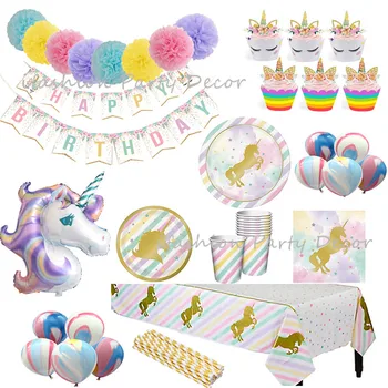 

Unicorn Party Set Paper Pom Poms Birthday Banner Gold Party Plates Napkins Paper Cups Straws for Baby Shower Wedding Decoration