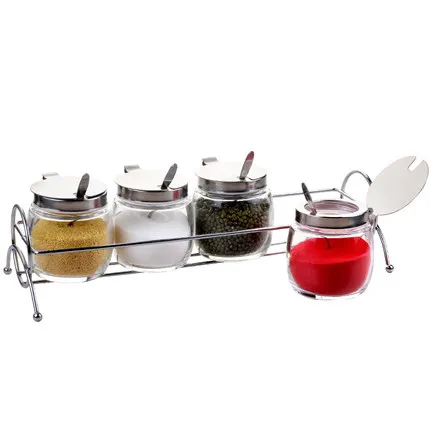 

Houmaid Kitchen Accessories Glass Storage Jars & Bottles Set For Spice Seasoning Salt Sauce Pots With Stainless Steel Shelf