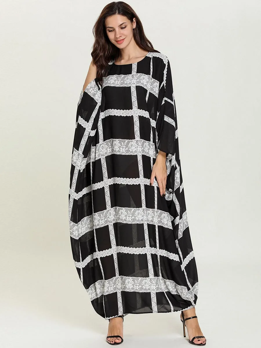 Loose Women Muslim Abaya Batwing Sleeve Lace Patchwork Plaid Dress Islamic Kaftan Fashion Evening Dubai UAE Robe Gown VKDR1695