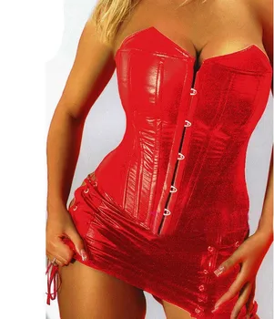 

Plus Size Solid Sexy Corset G String Set Strapless Designer Black Red Leather Corset Mini Skirt G-string Bustiers