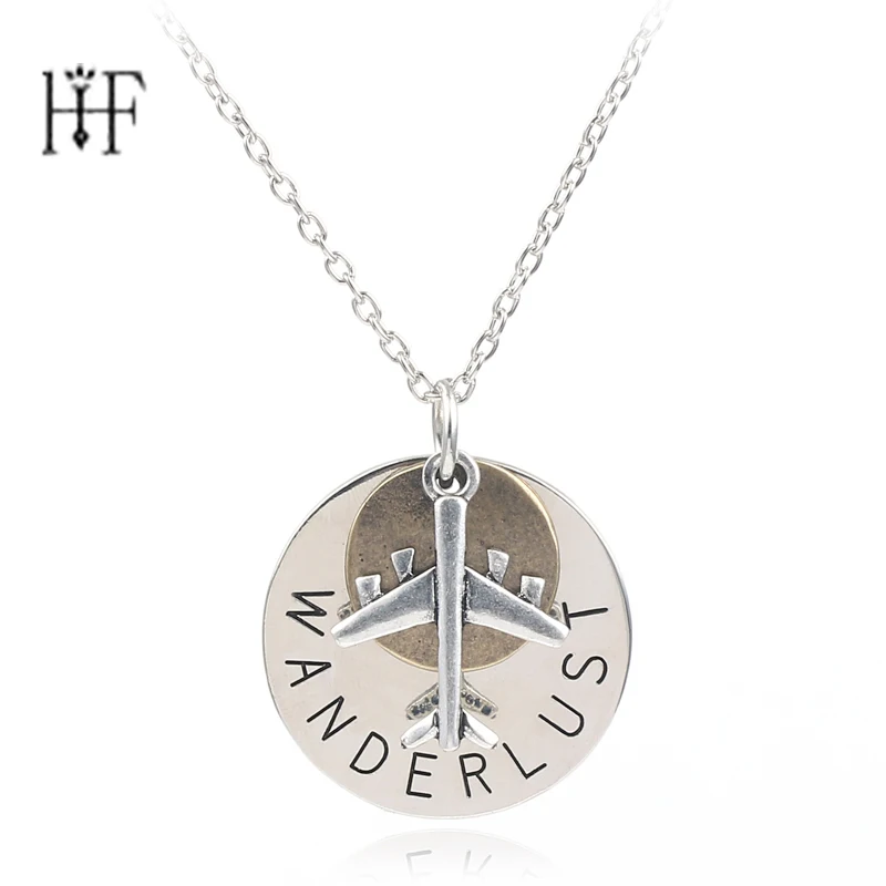 

2018 Fashion Long Necklaces "WANDERLUST" Hand carved letter Necklace Wanderlust Airplane Sun Necklaces Aircraft Travel Jewelry