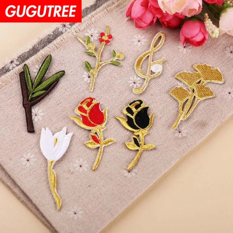 

GUGUTREE embroidery rose leaf patches note patches badges applique patches for clothing YX-273