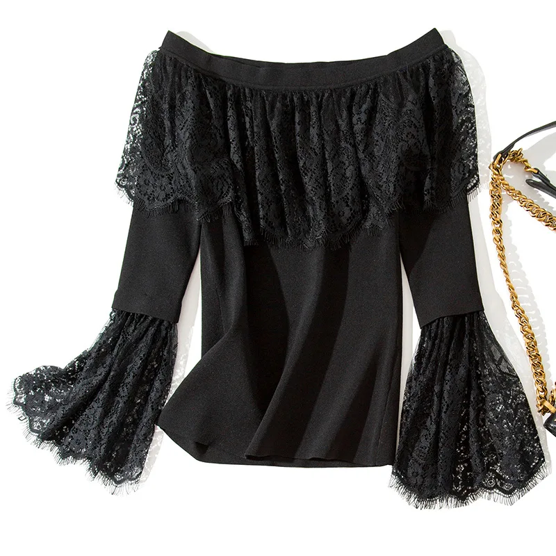 Solid lace elastic knit patchwork slash neck slim pullovers sweater 2018 new flare sleeve off shoulder women autumn sweater