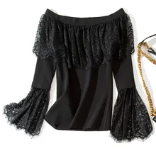 Solid lace elastic knit patchwork slash neck slim pullovers sweater 2018 new flare sleeve off shoulder women autumn sweater