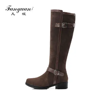 

Fanuyuan Fashion Mixed colors knee high boots women Square heel long boots winter warm Buckle shoes Round Toe motorcycle boots