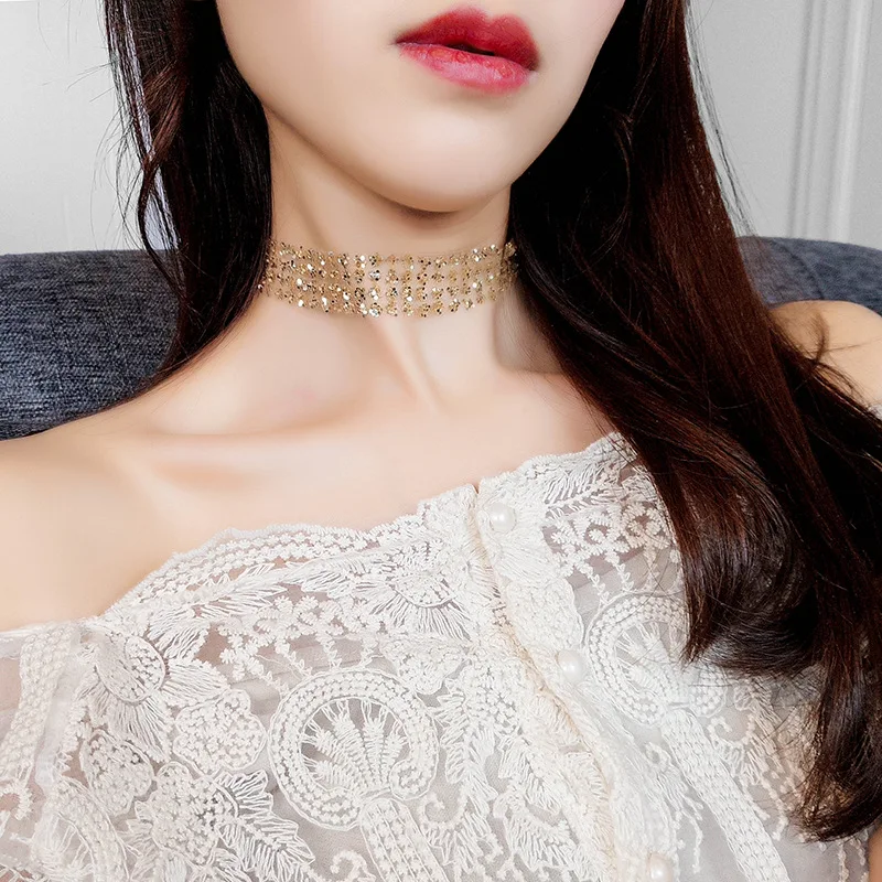 

Gold Color Sexy Shining Sequins Choker Necklaces For Women Bohemia Style Lace Statement Necklace Party Jewelry Best Gift A217