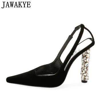 

2019 New Black velvet luxurious crystal high heels sandals women pointed closed toe slingbacks summer sexy party shoes woman