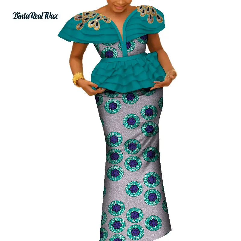 Африканский комплект из топа и юбки с аппликацией для женщин Bazin Riche, традиционная африканская Женская одежда, комплекты из 2 предметов, юбки WY4233