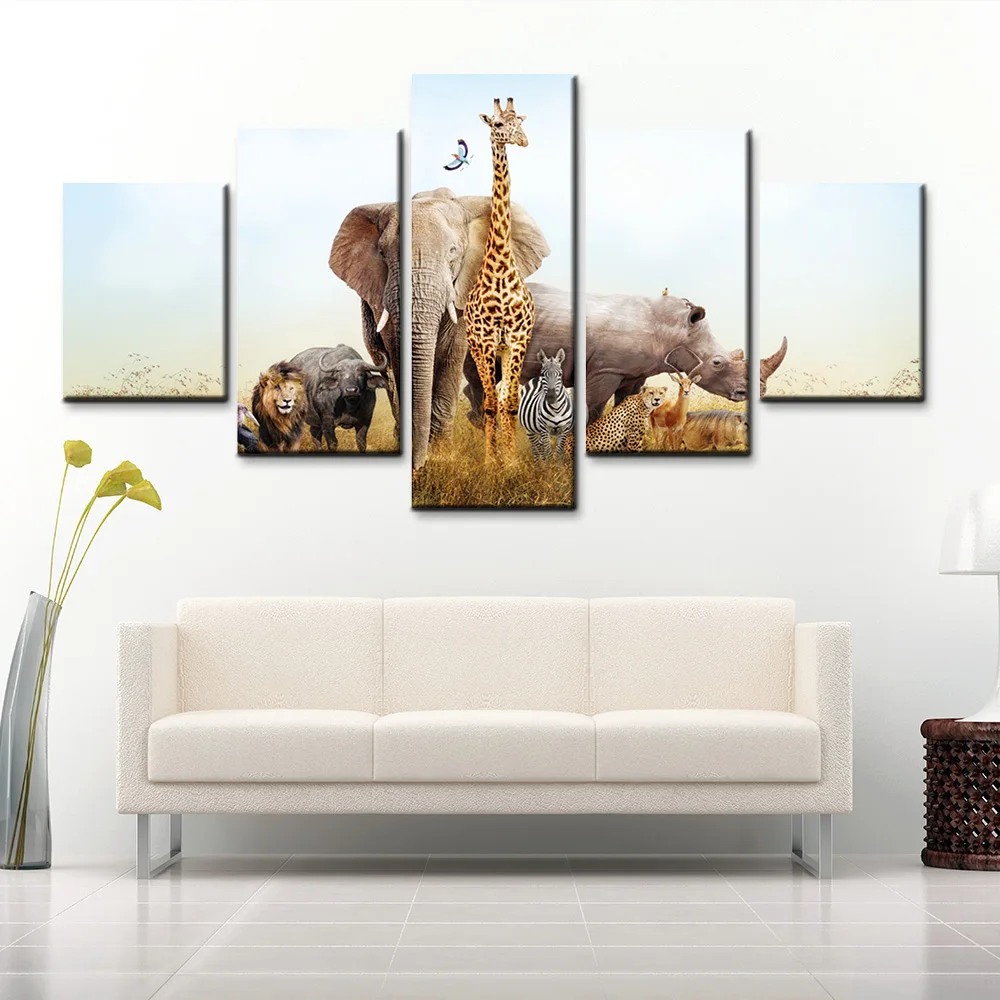 

Modern home canvas poster Kenya grassland animal combination HD printed large 5 piece canvas decor painting for living room wall