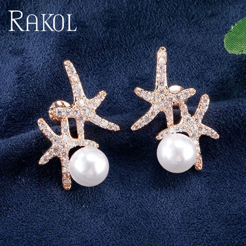 

RAKOL Ladies Shiny Luxury Star Shape Transparent Zircon Pearl Earrings Bride Wedding Party Dress Jewelry Accessories RE82347Y