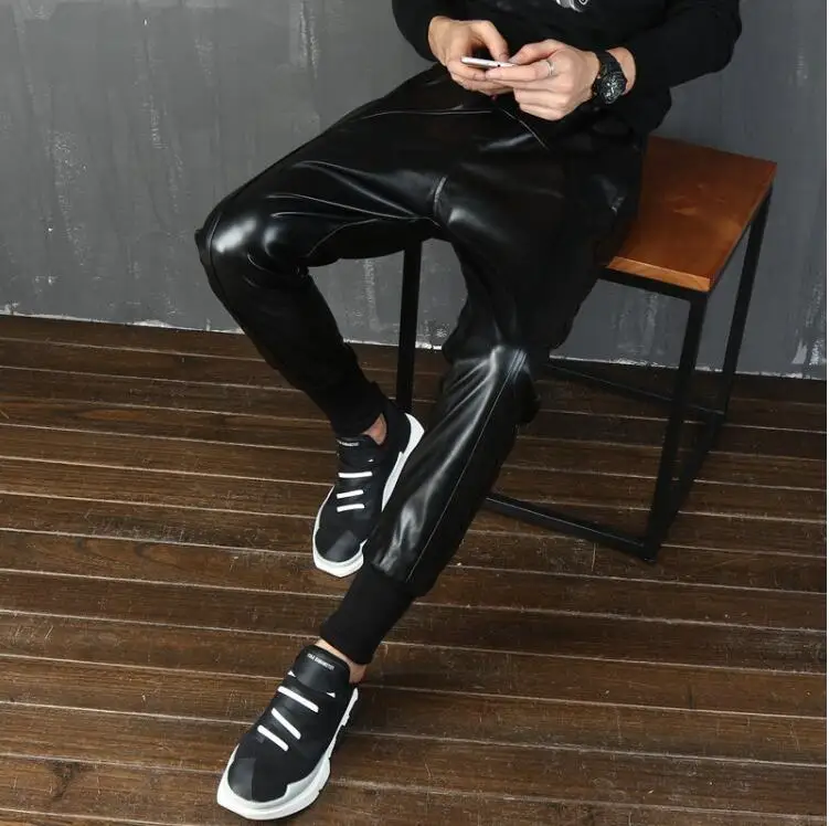 Men Punk Faux PU Leather Harem Pants Joggers Hip Hop Dancing Pants Motorcycle Sweatpants For Mens DJ Baggy Night Club Trousers