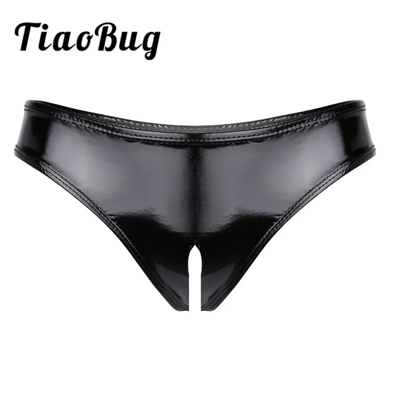 

TiaoBug Black Women Lingerie Wet Look Patent Leather Briefs Crotchless High Cut Mini Briefs Underwear Sexy Low Waist Underpants