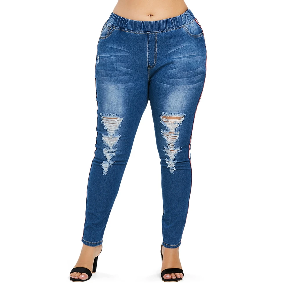 Women Plus Size Elastic Waist Distressed Jeans Female Vintage Hole ...