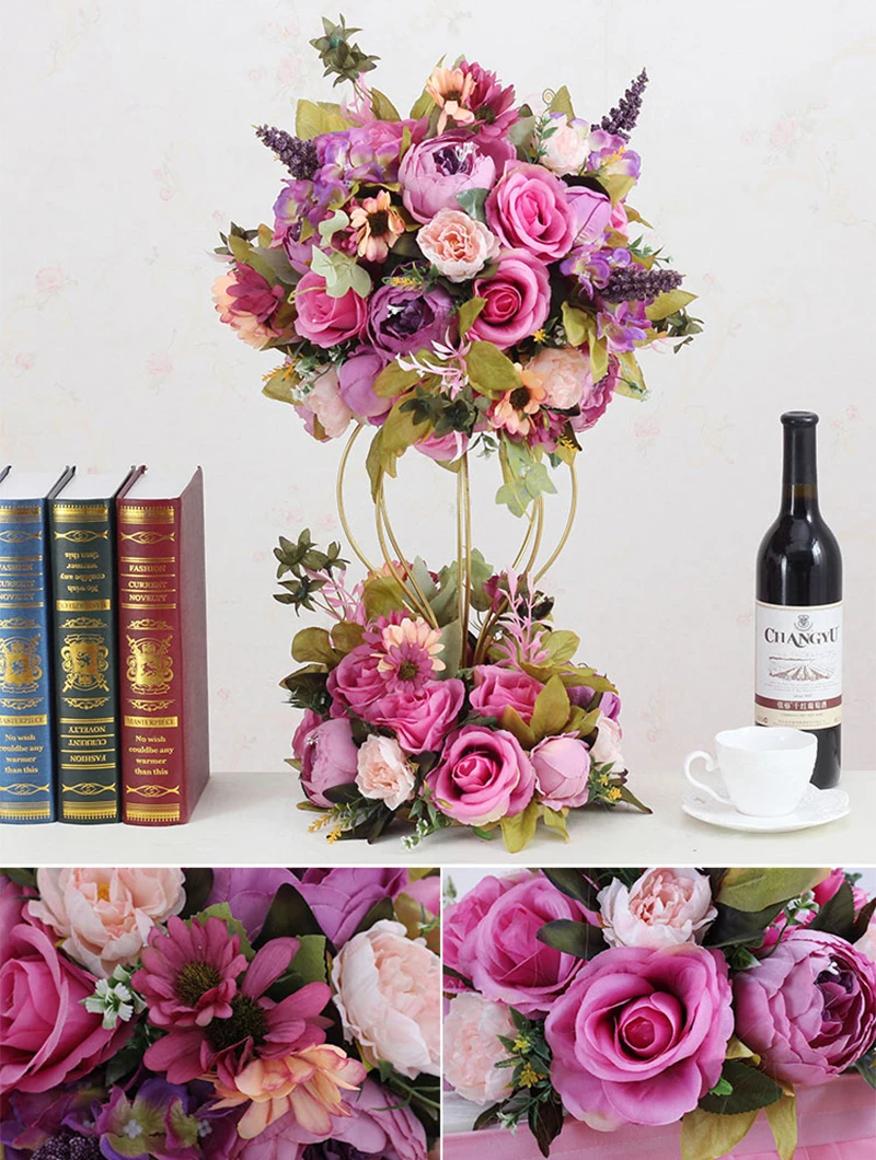 JAROWN Artificial Flower Ball Flower Stand Set Silk Fake Flower Wedding Stage Decoration Flores Home Party Table Decorations (14)