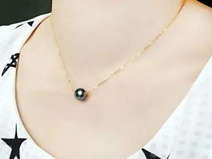 

Free shipping gorgeous 10-11mm tahitian round black green pearl necklace 17.5" 14 gold chain