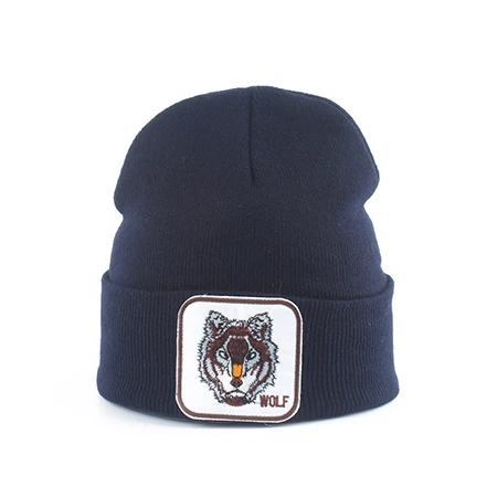 Новые модные повседневные шапочки для мужчин и женщин, теплая вязаная зимняя шапка с вышивкой, Мультяшные бейсболки с животными, хип-хоп, Skullies Bone Garros - Цвет: wolf navy