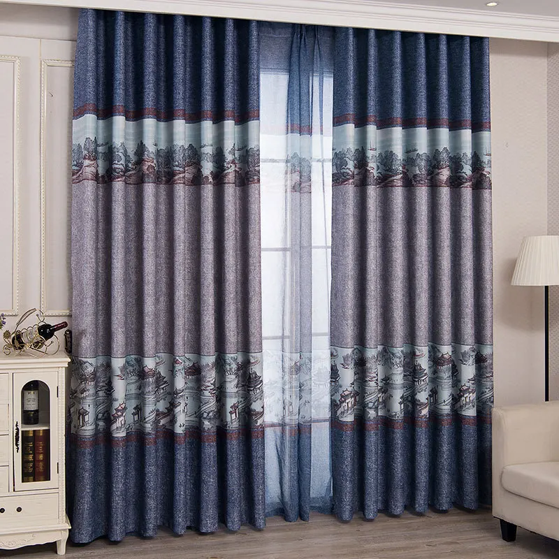 

Chinese Ink Printing Blackout Curtains for Living Room Characters/Architecture Curtain for Bedroom Hand Drawing Curtain Fabric