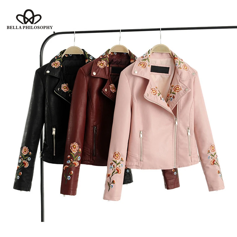 

Bella Philosophy 2018 Autumn Jacket Coat Women Flower Embroidery Zipper PU Basic Jacket Female Vintage Long Sleeve Outwears