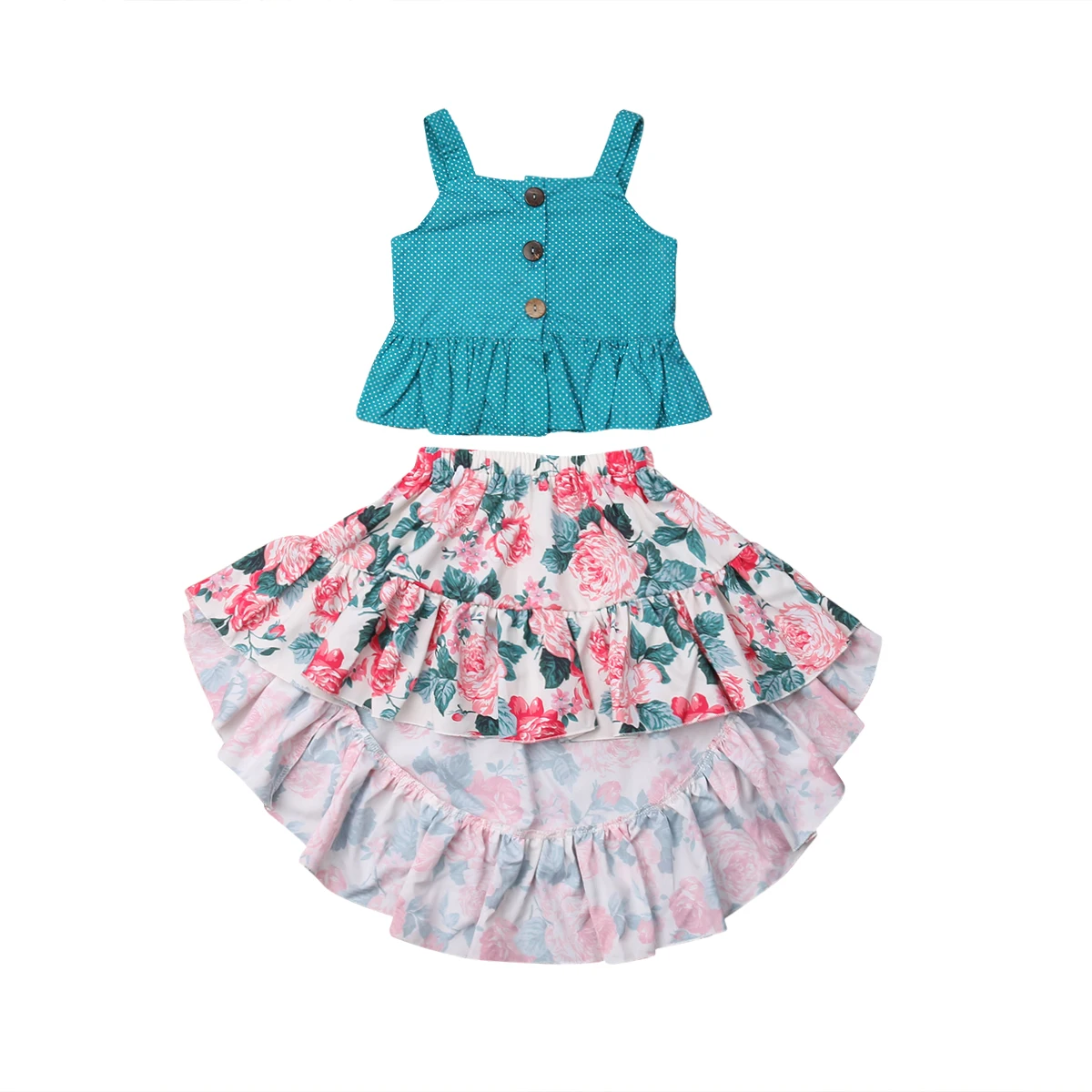 

Toddler Baby Girl Clothes Princess Dress Flowers Summer Sleeveless Dots Crop Tops Vest Floral Skirt Set 2pcs Outfits Green