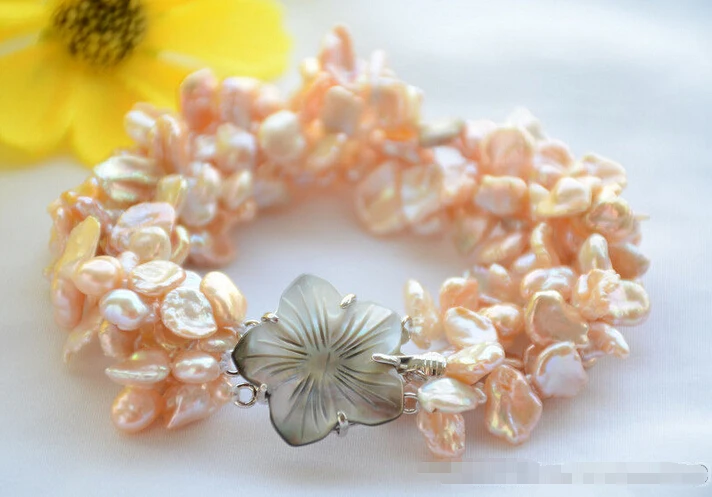 

Free shipping >>>>>>Z6444 4strands 9mm pink lamina BAROQUE KESHI REBORN PEARL bracelet 8inch