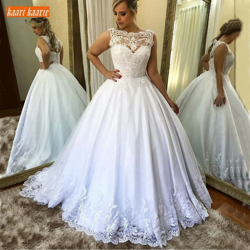 

Gorgeous White Tulle Appliques Ball Gown Wedding Dress Long Customized Slim Fit Bridal Dresses Sleeveless Wedding Gowns On Sale