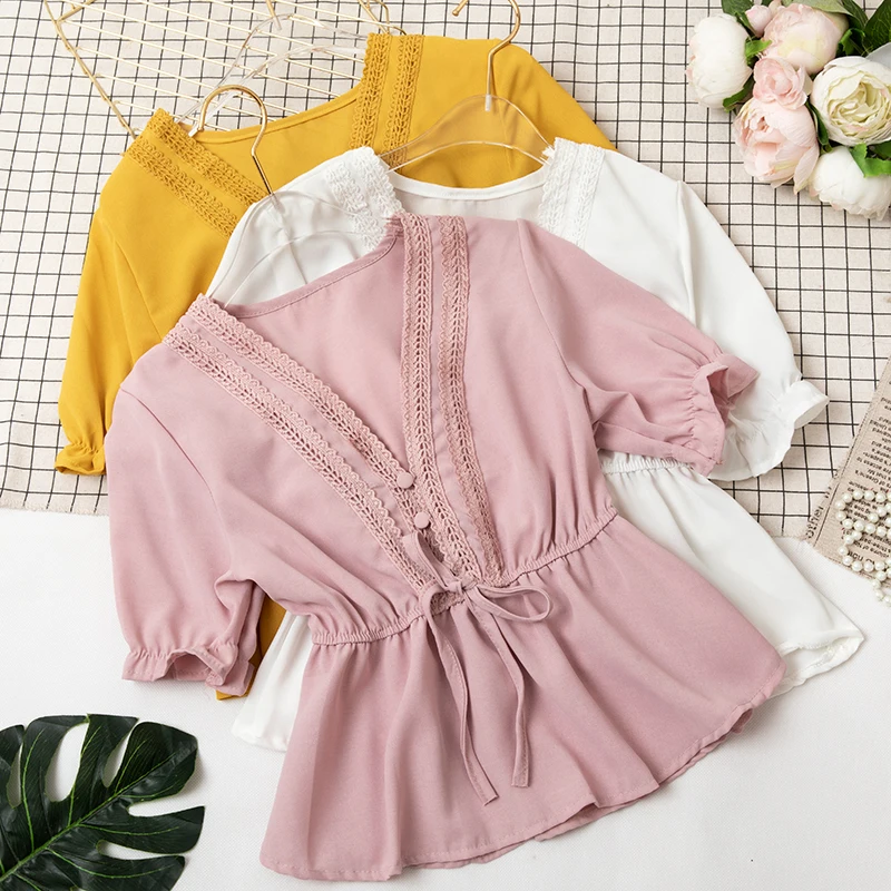 

HISUMA Women Short Flare Sleeve V-neck Lace Up Bandage Bow Shirt Vintage Slim Pullover Lace Flower Chiffon Ruffles Blouse Tops