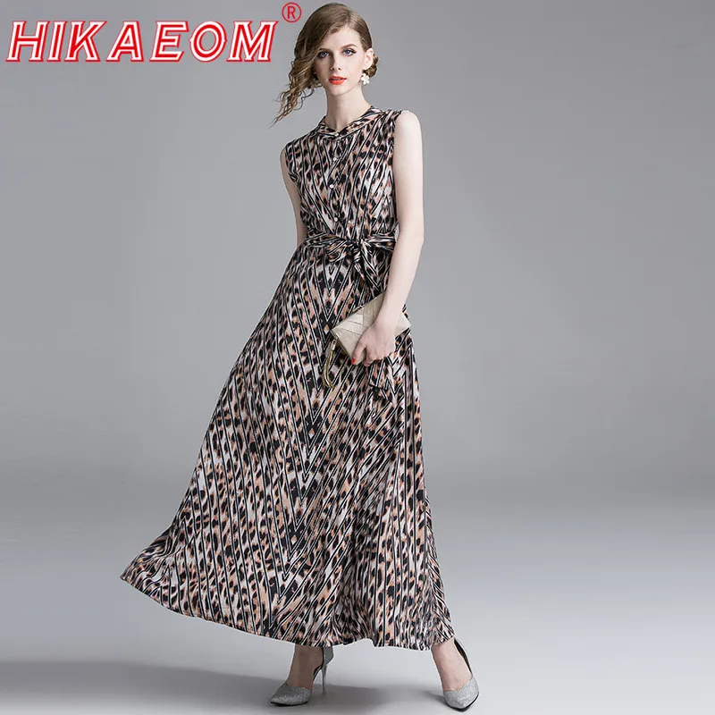 

New Sleeveless Large Swing Leopard Print Maxi Dress Vintage Slim Retro Sashes Vest Tank Behemian Dresses Robe Longue Boheme 2019