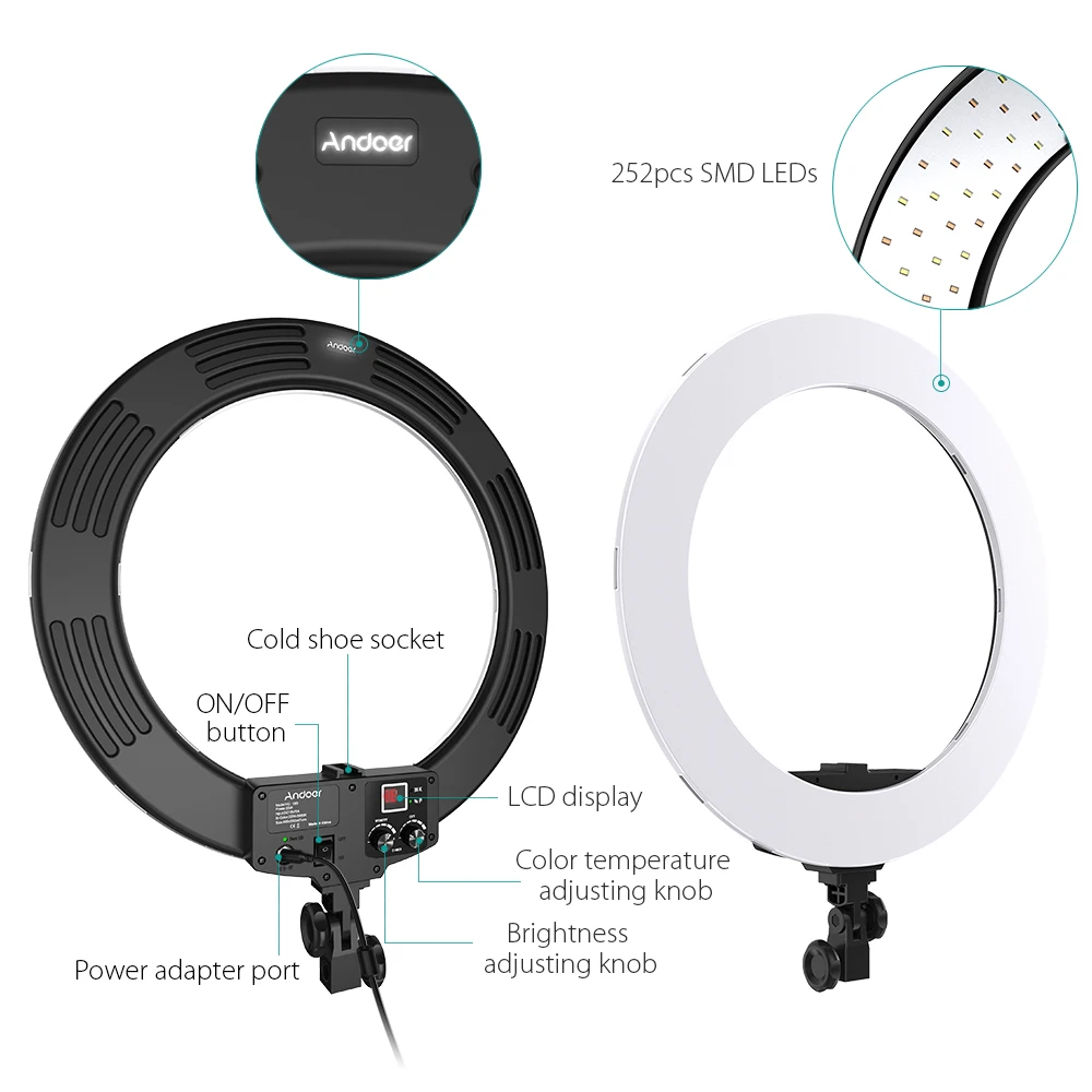Andoer HD-18S 18 дюймов студийное кольцо свет цифровое фотографическое освещение 55 Вт двухцветный затемняемый видео свет встроенный 252 шт. SMD светодиоды