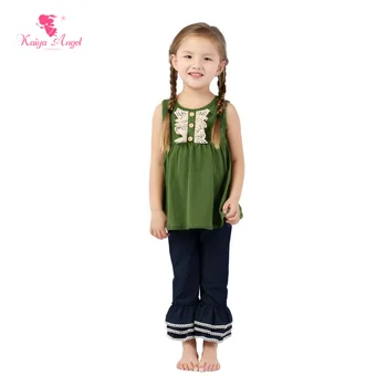 

Kaiya Angel Fashion Army Green Cotton Shirt Ruffle Jeans Toddler Girl Outfit Kids Suit for Girls Top Wholesale Ruffled Pants