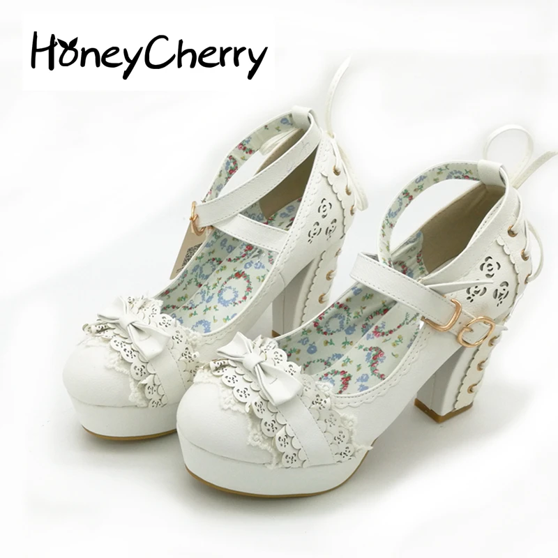 Comprar Zapatos de tacón alto Lolita, encaje de princesa japonesa, pajarita, tacón único para mujer, zapatos de mesa impermeables para mujer