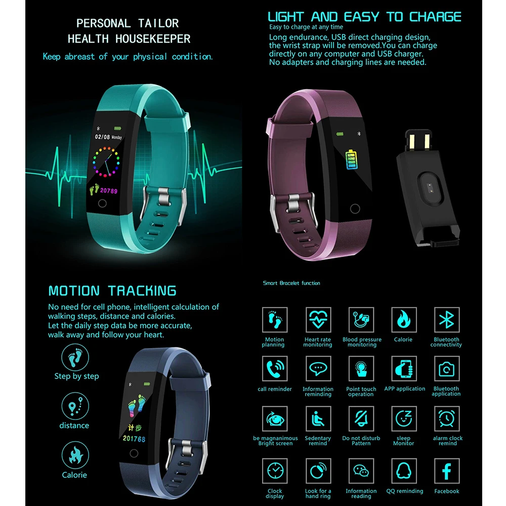 SZMUGUA Bluetooth Smart Bracelet Color Display Waterproof Band Sport Blood Pressure Fitness Tracker Heart Rate Monitor Wristband