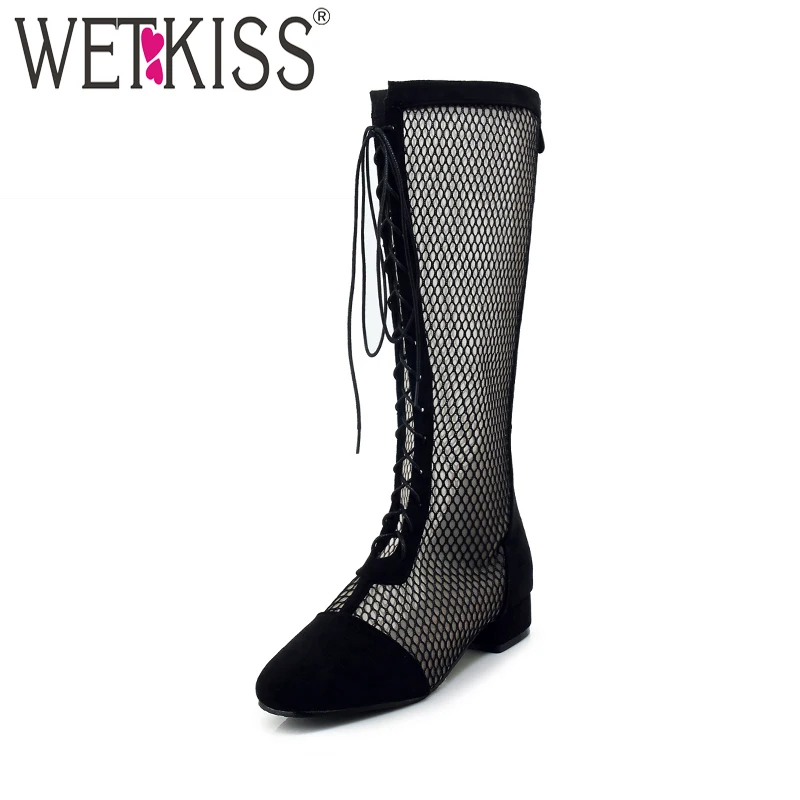 WETKISS/женские сапоги до колена на толстом каблуке молнии со шнуровкой осень