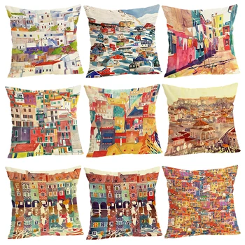 

Nordic Style Cute Custom Houses Pattern Throw Pillow case Linen Cotton Cushion Cover Creative decoration for Sofa Car covers
