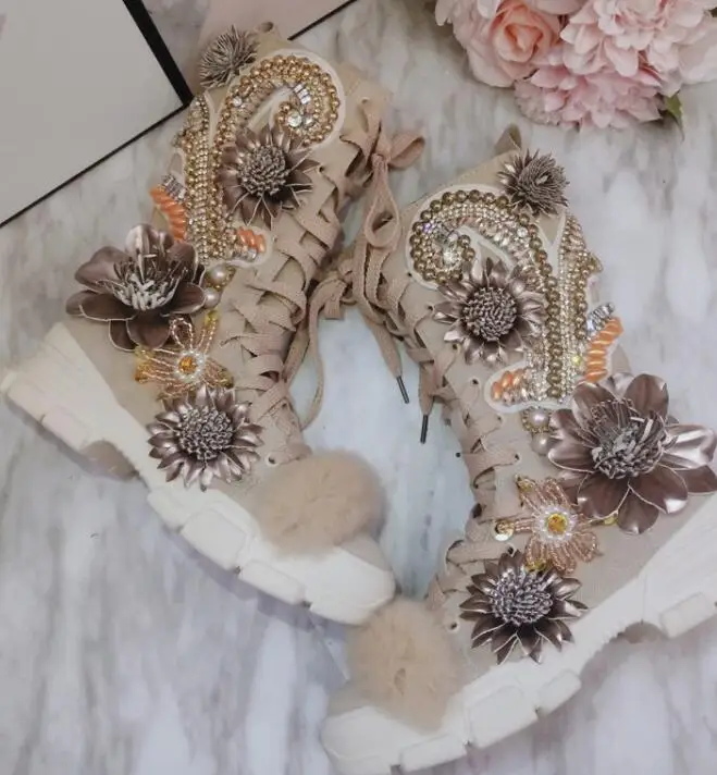 

New product plus cotton long tube heavy industry fashion rhinestone three-dimensional decoration increase Martin boots