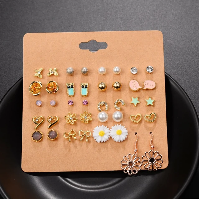 Punk 20 Pairs Pack Set Brincos Mixed Stud Earrings For Women Crystal