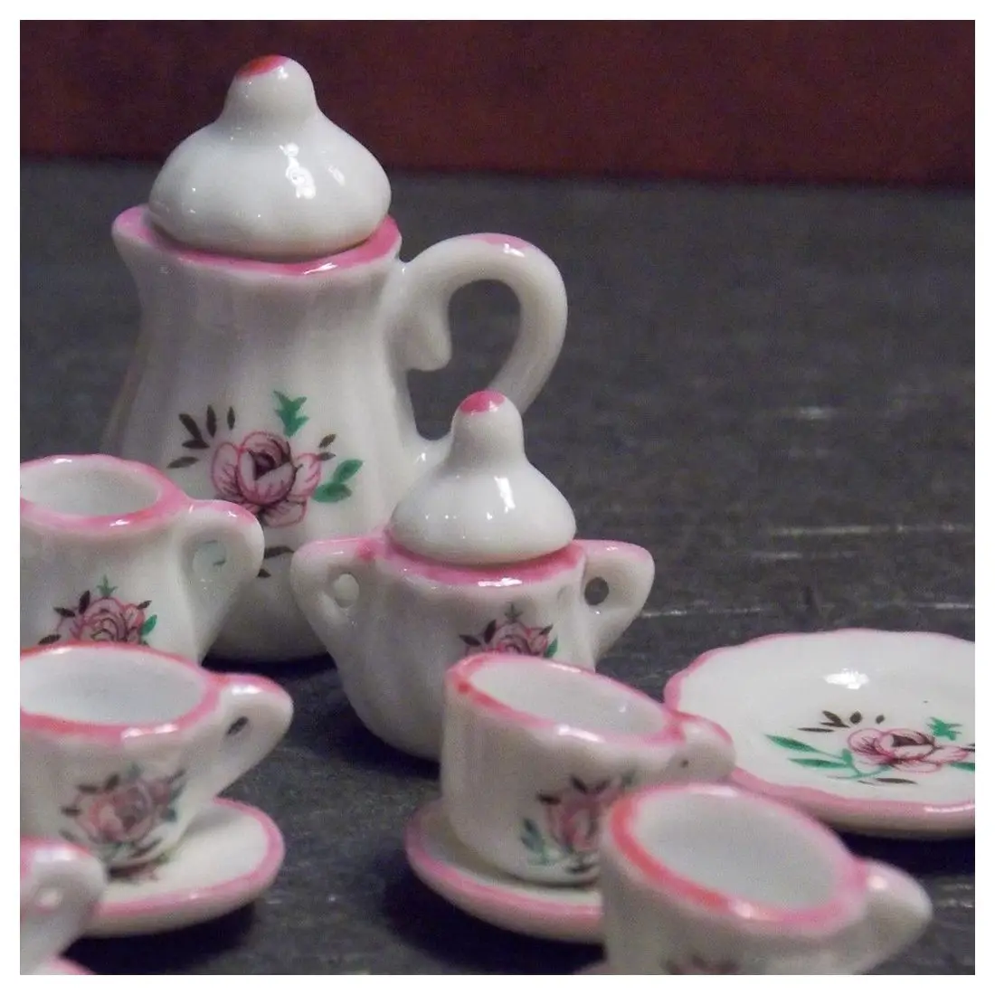 Миниатюрный чайный набор FBIL-Dollhouse, розовый, зеленый, 17 шт., чайный горшок, тарелки 1: 12 дюймов, шкала