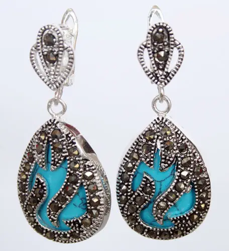 

Hot selling> Vintage Turquoise Teardrop 925 Sterling Silver Marcasite Dangle Earrings -Bride jewelry free shipping