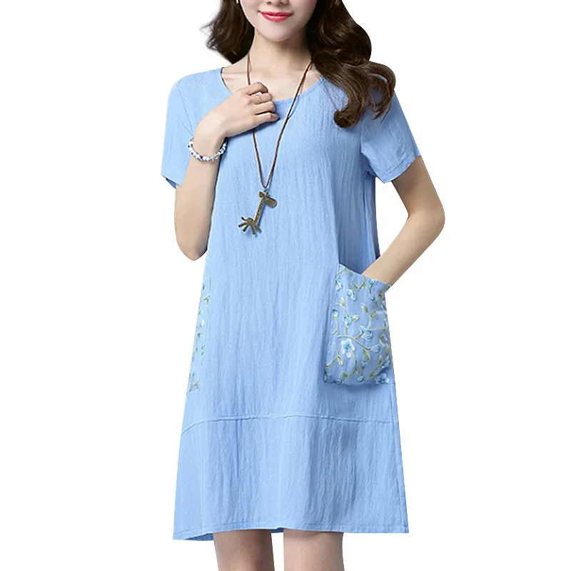 Summer Women Linen Dress Elegant Vintage Dress Female Casual Short