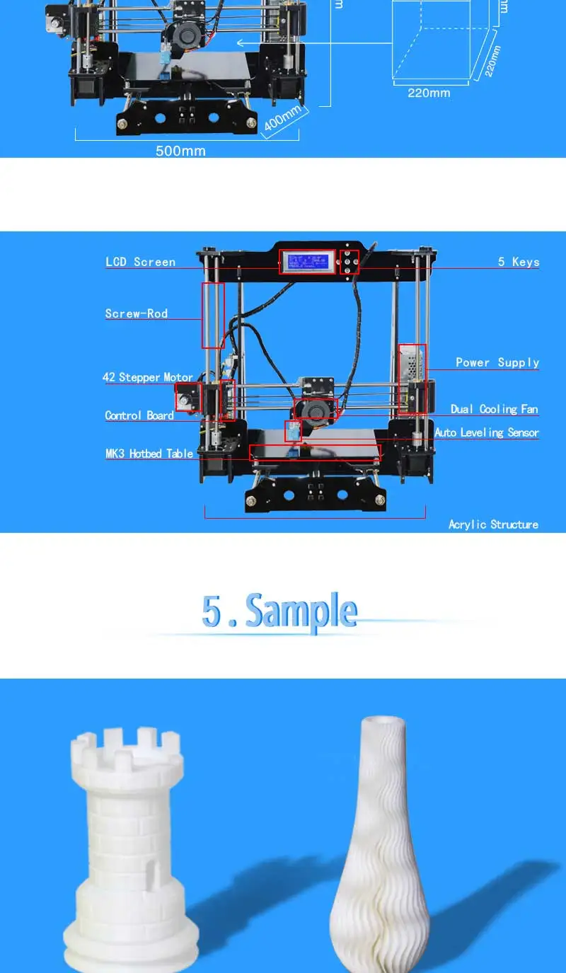 Большой размер 3d принтер Reprap DIY сборка 3d принтер комплект 220x220x240 мм с бесплатной 1 рулонной нитью 8 Гб sd-карта ЖК-видео подарок